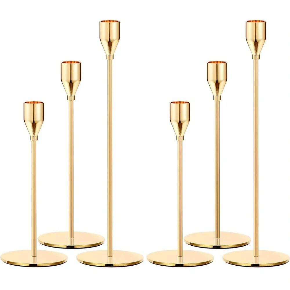 New West Elm (Set of 3) Gold Retro Boho Tapered Candle Candlestick Holders - 13